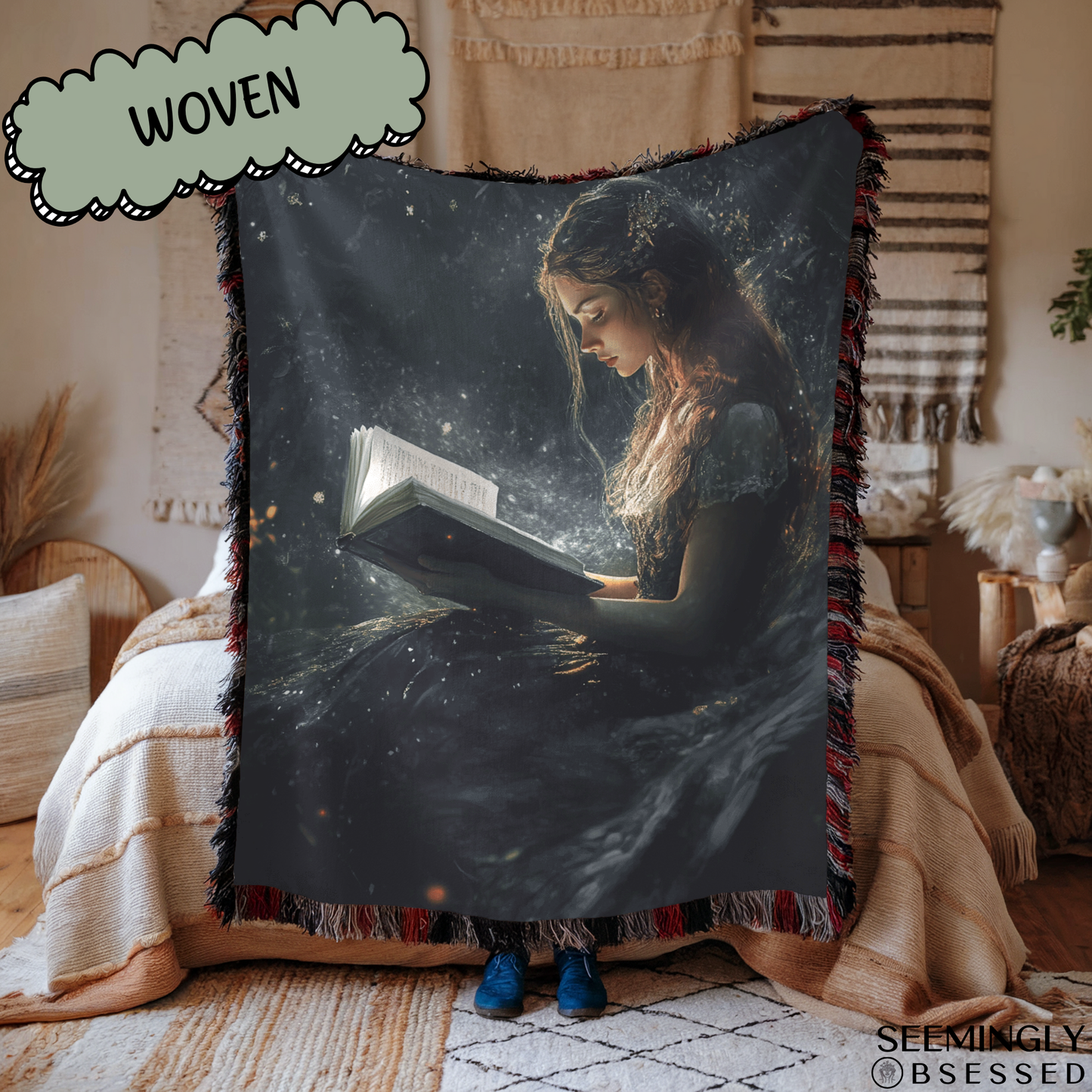 Girl Reading Book Woven & Sherpa Fleece Blankets