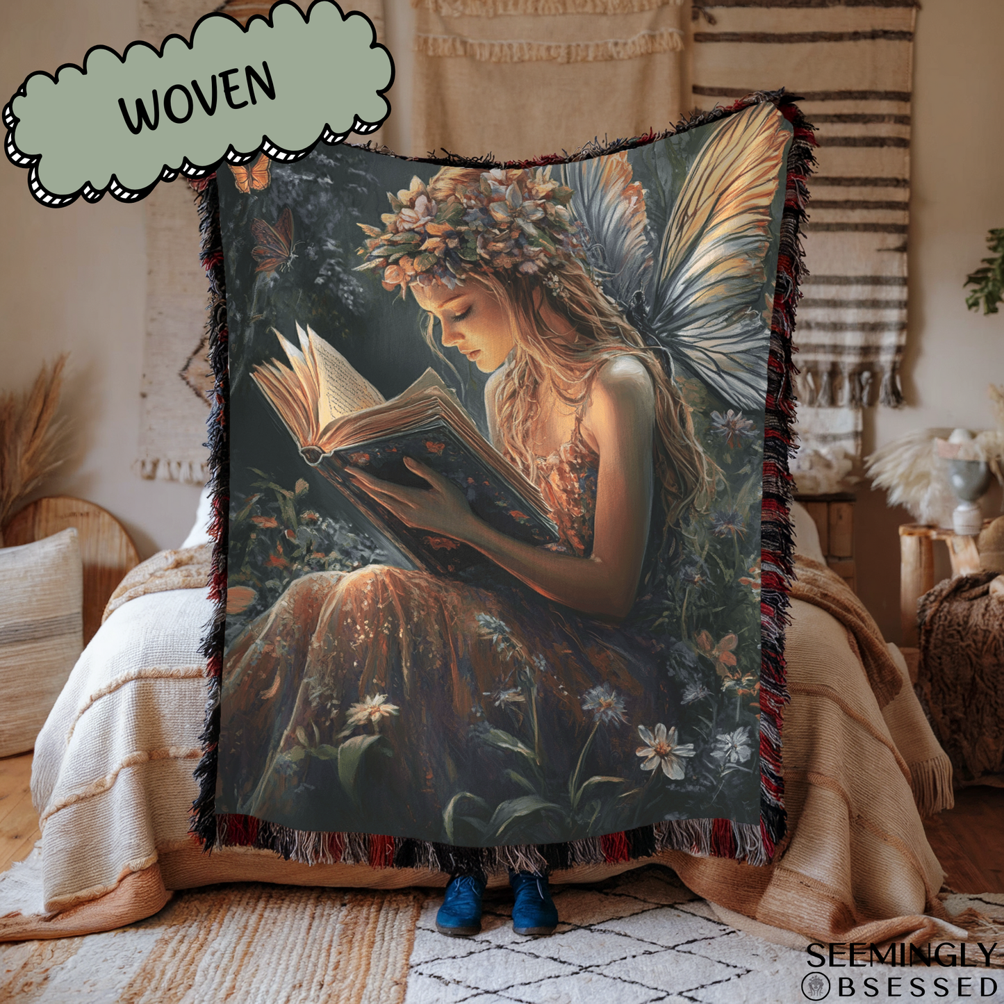 Fantasy Drawing Faerie Reading Book Woven & Sherpa Fleece Blankets