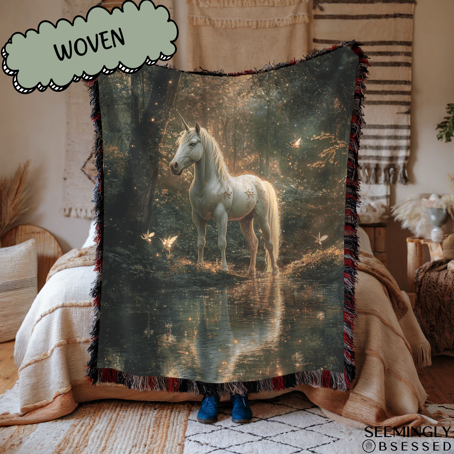 Fantasy Unicorn in Forest and Faeries Woven & Sherpa Fleece Blankets