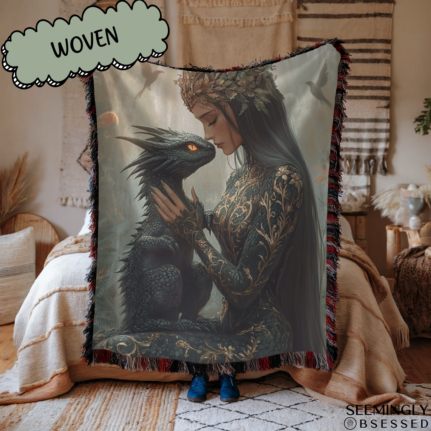 Fantasy Lady Warrior Holding Dragon Woven & Sherpa Fleece Blankets