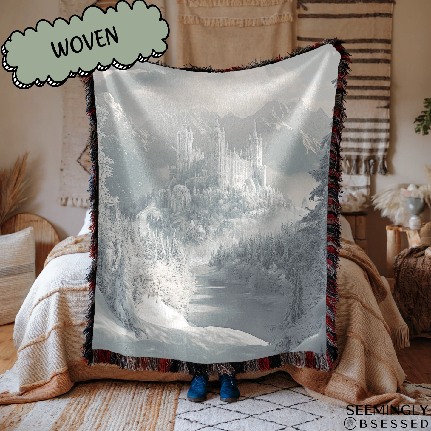 Fantasy Winter Snowy Fae Court Woven & Sherpa Fleece Blankets