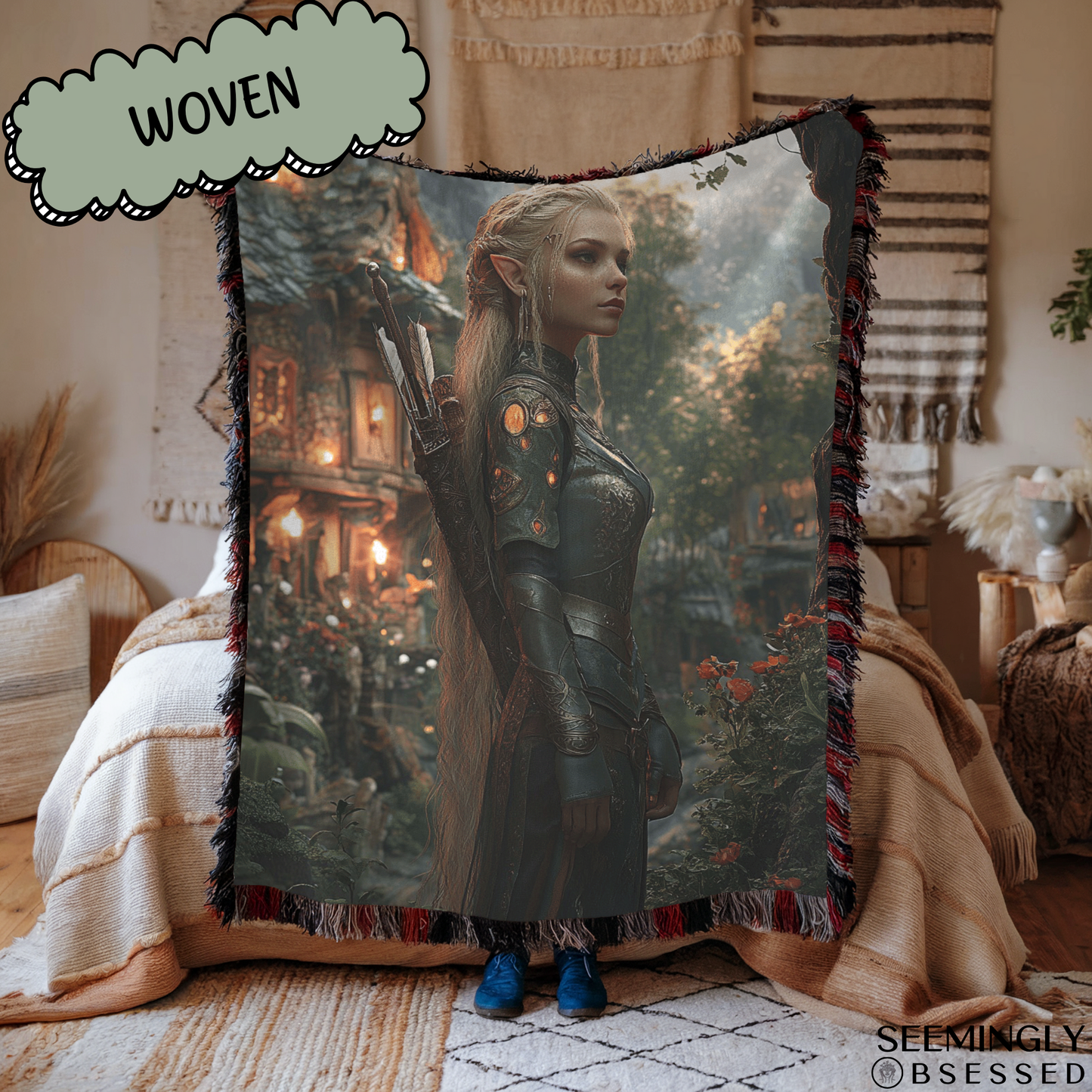 Fantasy Blonde Warrior Fairy in Village Woven & Sherpa Fleece Blankets