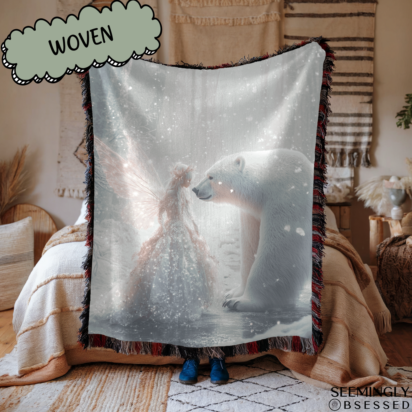 Fantasy Magic Fairy and Polar Bear Woven & Sherpa Fleece Blankets