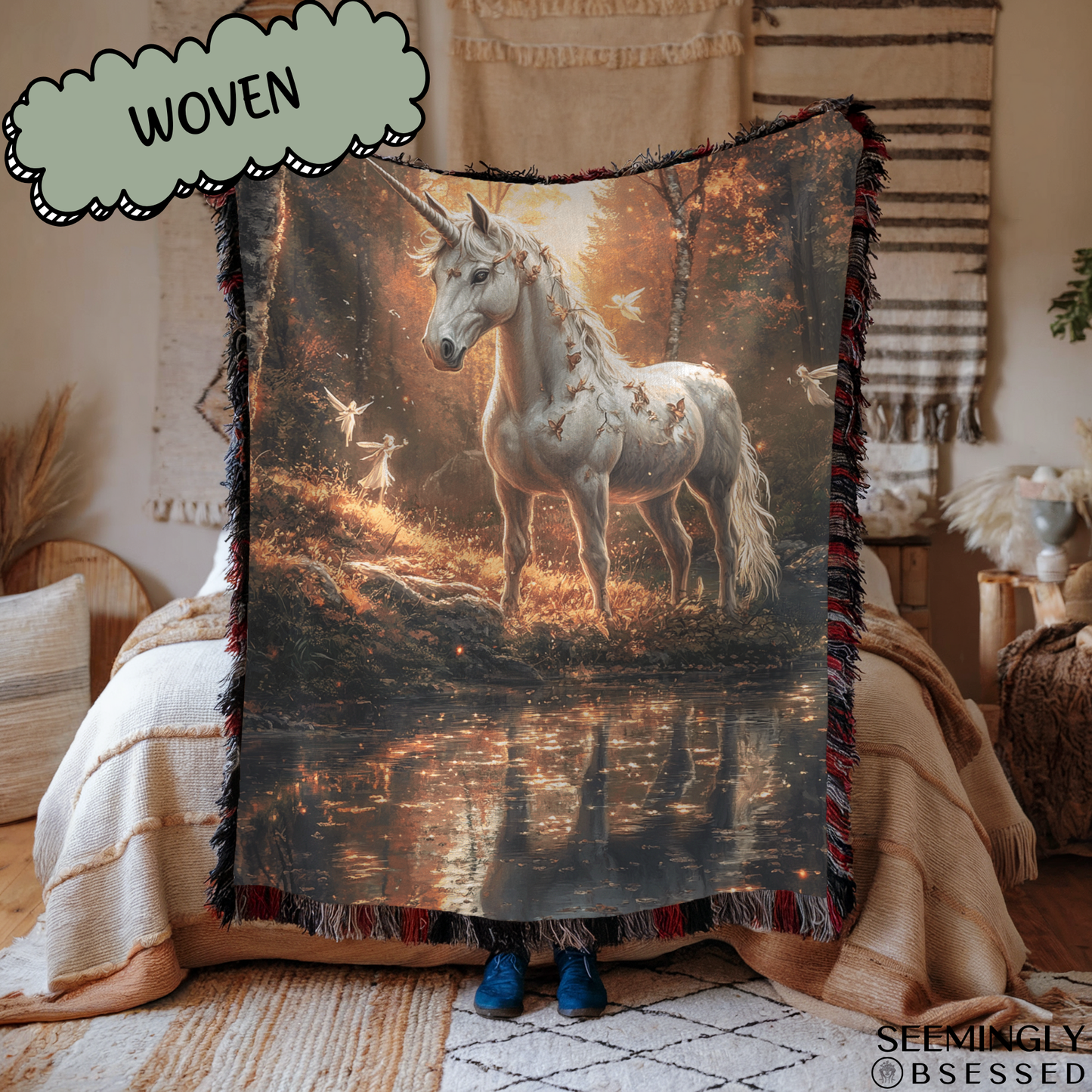 Fantasy Unicorn and Faeries Woven & Sherpa Fleece Blankets