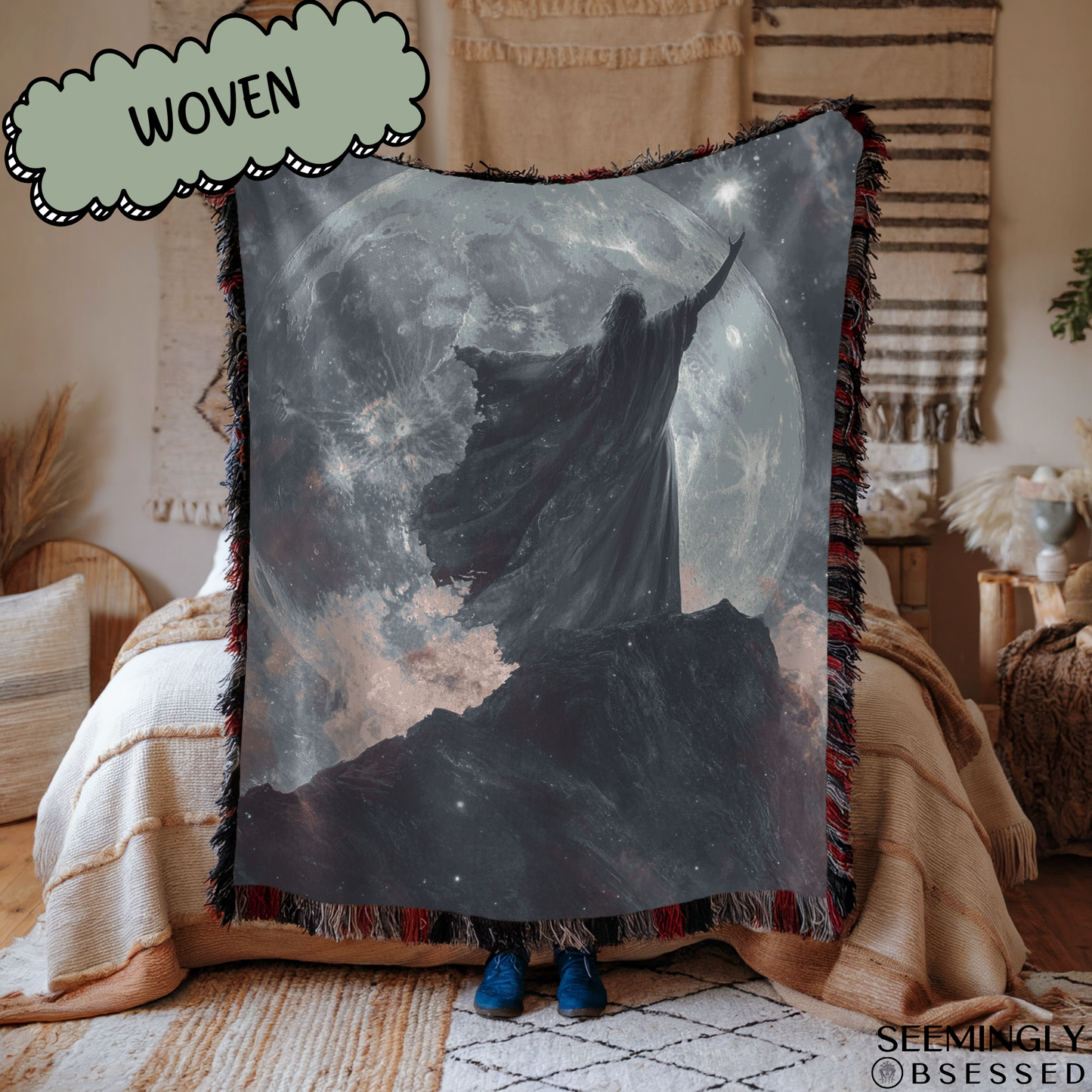 Fantasy Sorceress in Front of Moon Woven & Sherpa Fleece Blankets