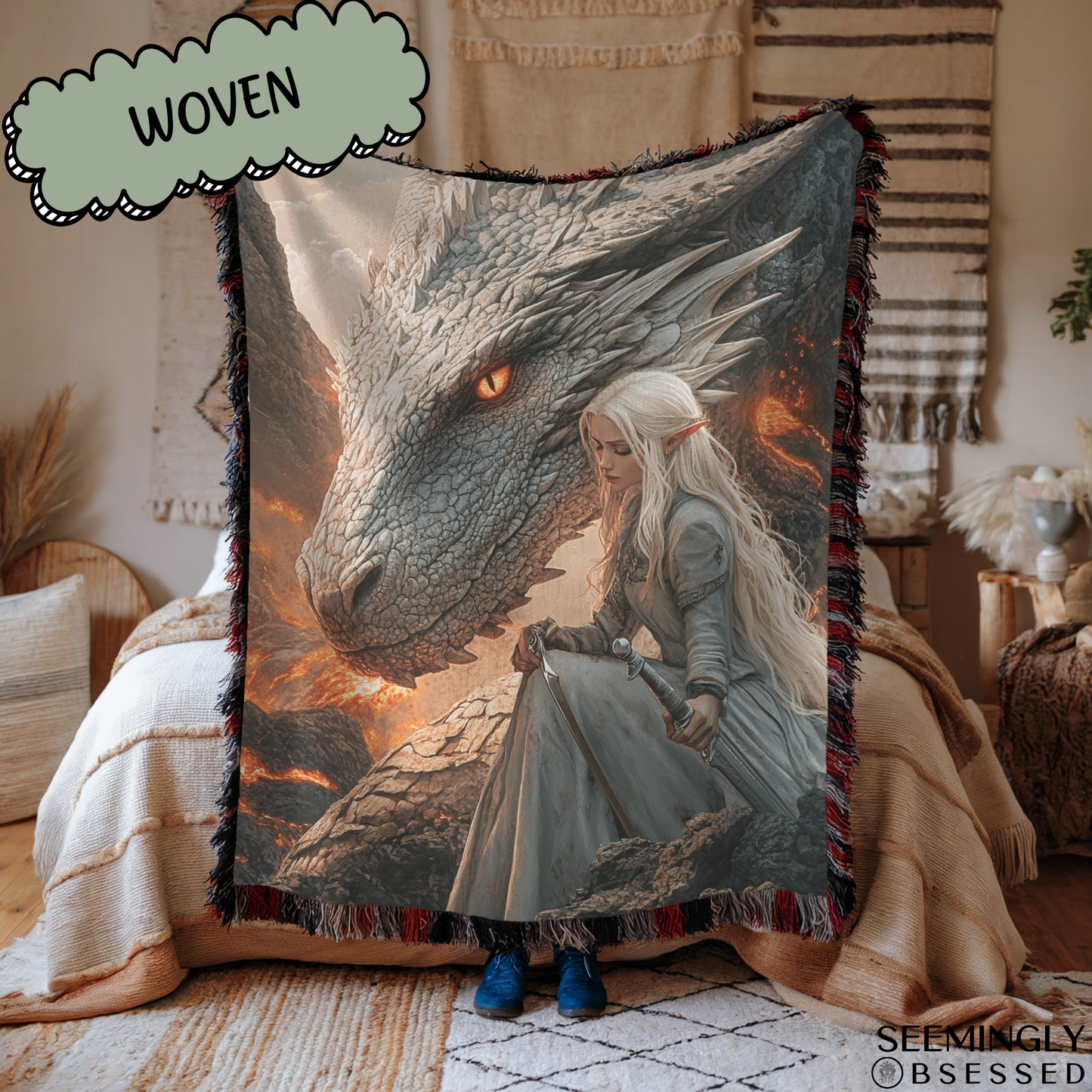 Fantasy Faerie and White Dragon Woven & Sherpa Fleece Blankets