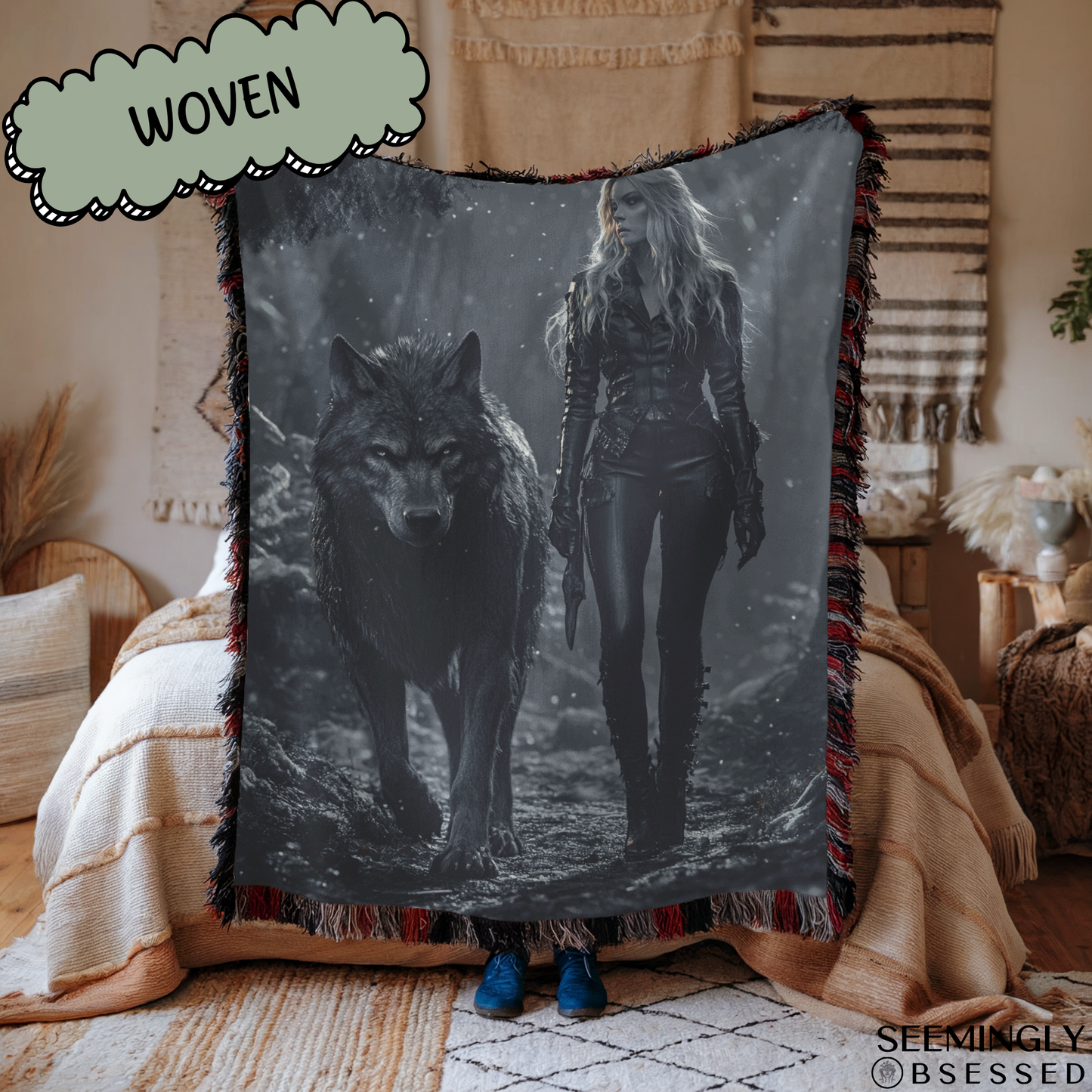 Fantasy Woman Warrior and Her Werewolf Woven & Sherpa Fleece Blankets