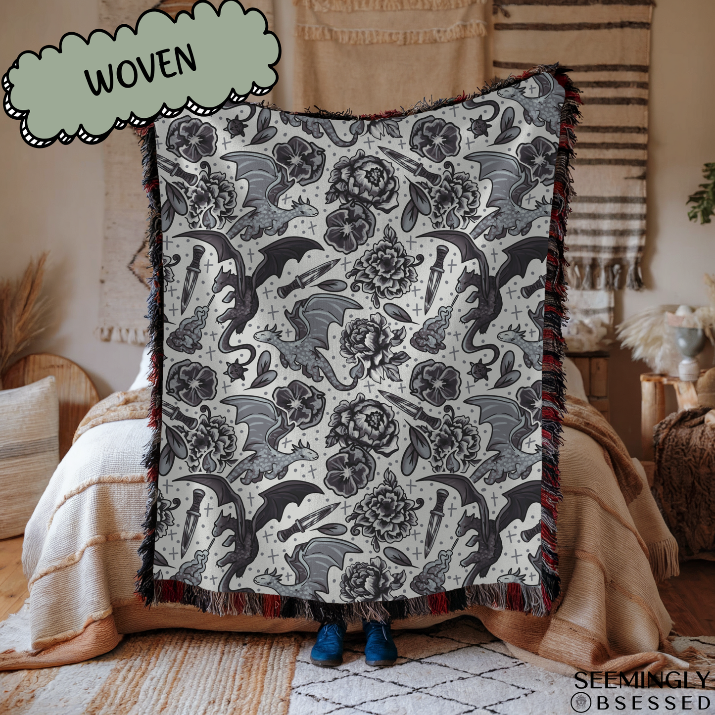 Dragon Porcelain Pattern Woven & Sherpa Fleece Blankets