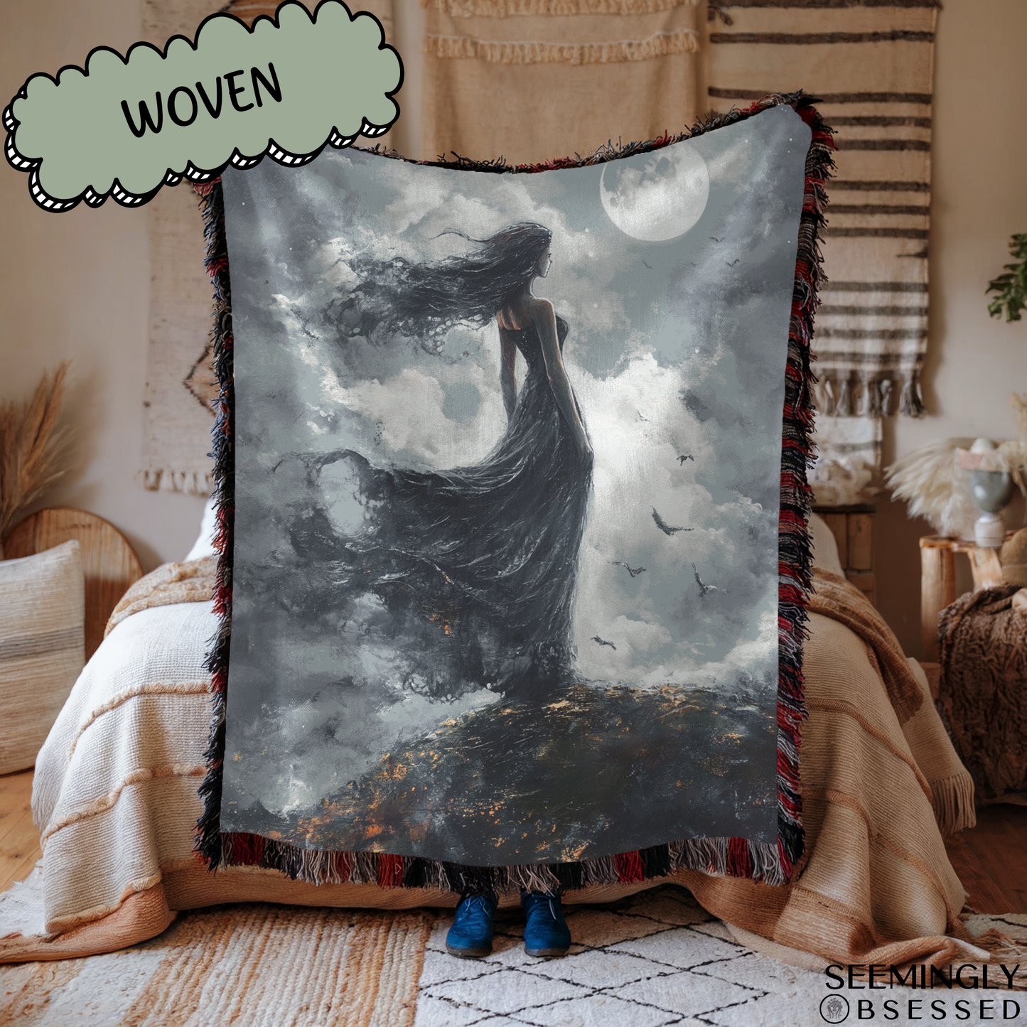 Magical Moonlit Woman Woven & Sherpa Fleece Blankets