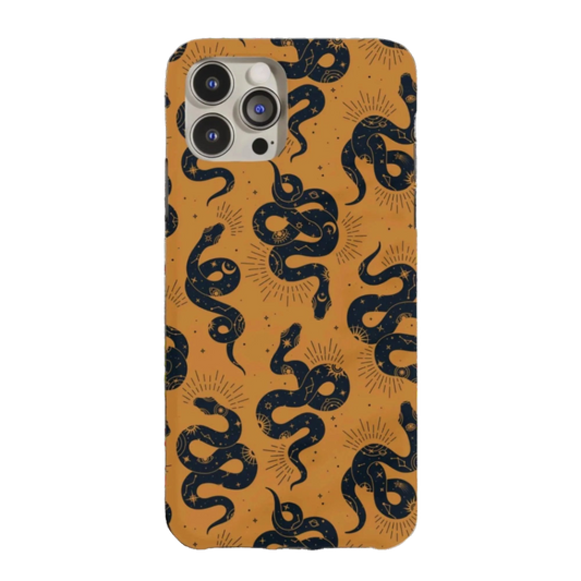 a yellow phone case with a black and blue pattern