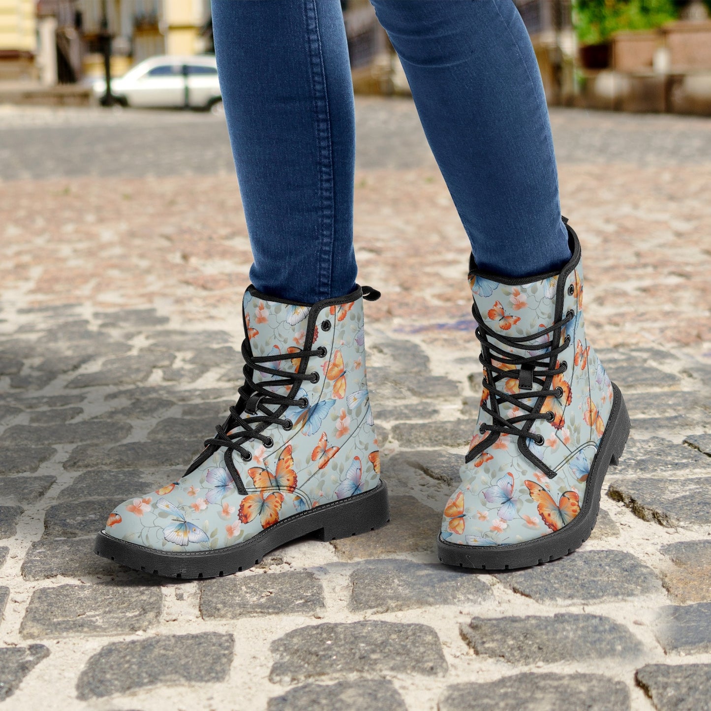 Butterflies Leather Combat Boots