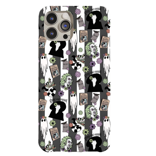 a phone case with a pattern of ghost and flowers