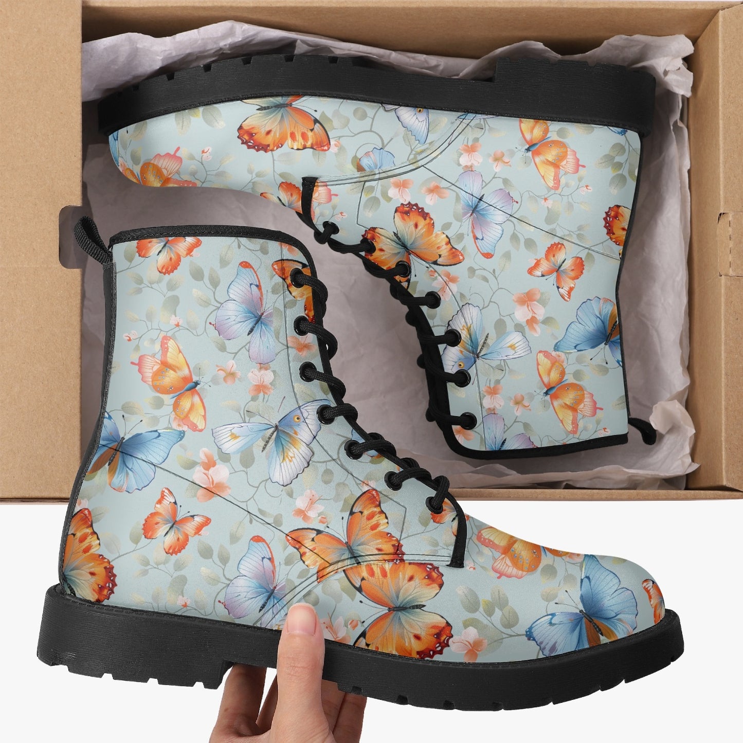 Butterflies Leather Combat Boots