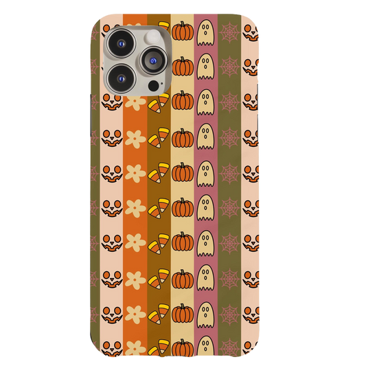 a phone case with a pattern of pumpkins and skulls