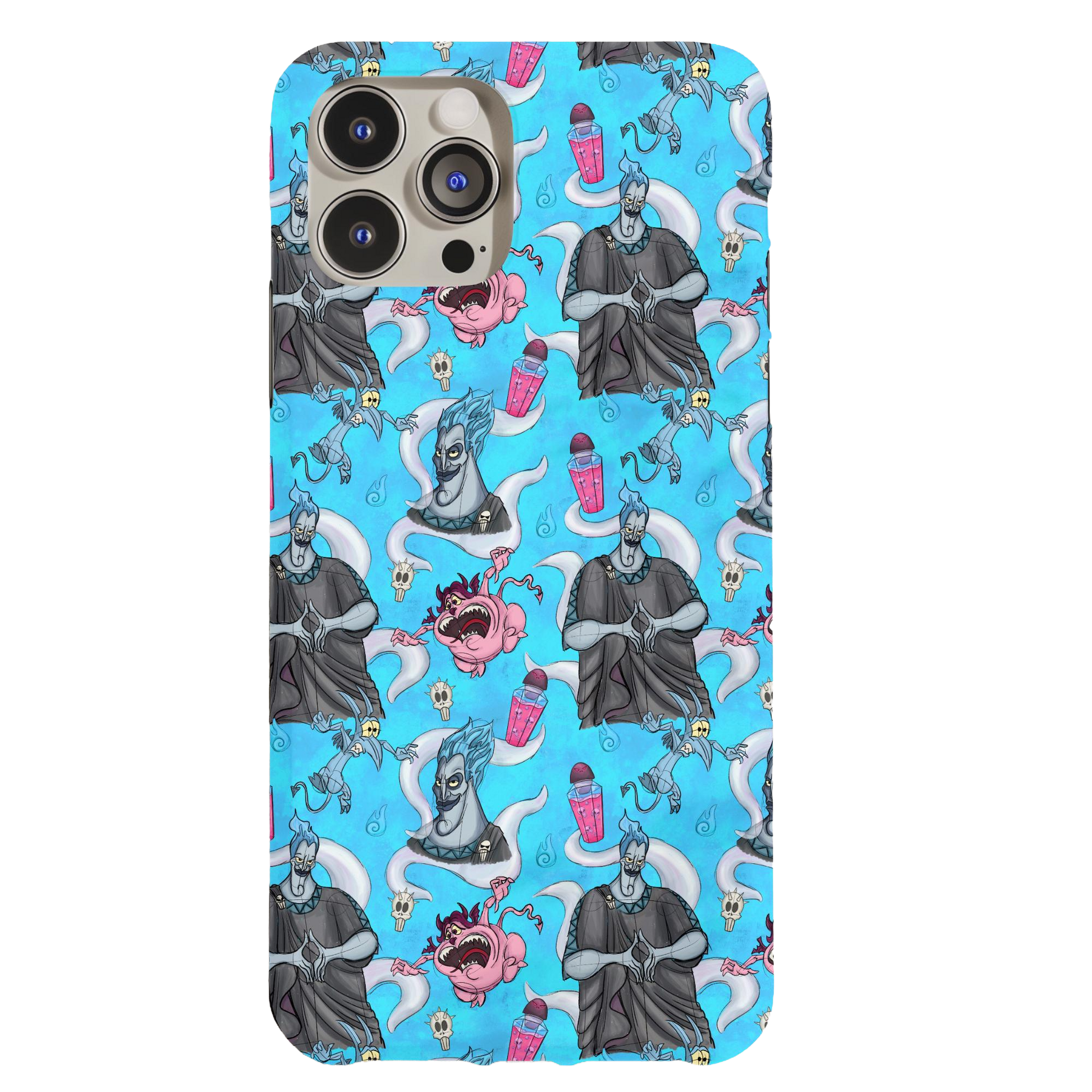 a blue phone case with cartoon characters on it