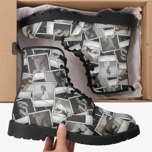 Black White TSwift Polaroids Leather Combat Boots