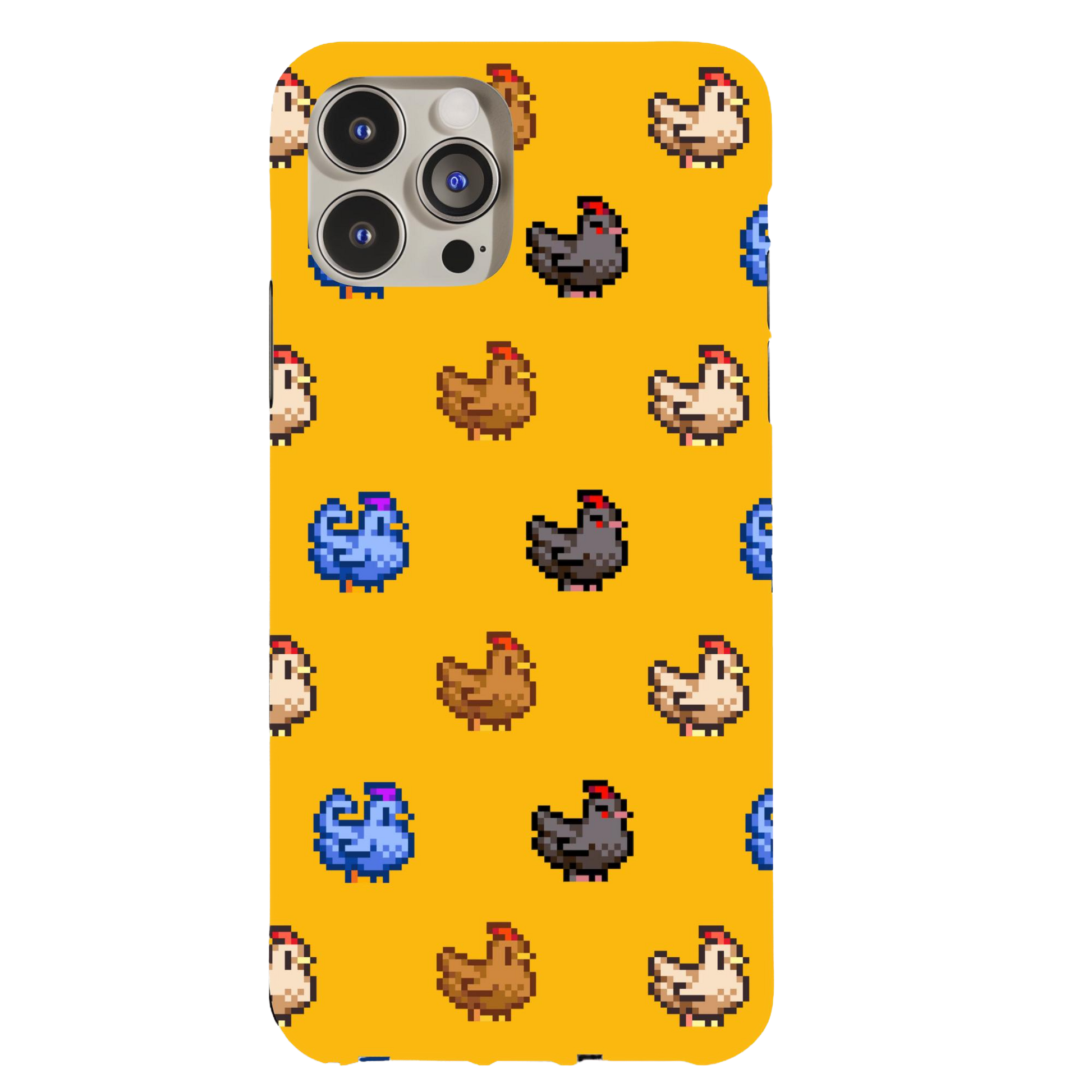 a yellow phone case with chickens and ducks on it