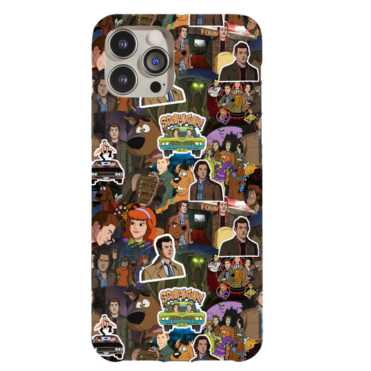 a phone case with a bunch of cartoon characters on it