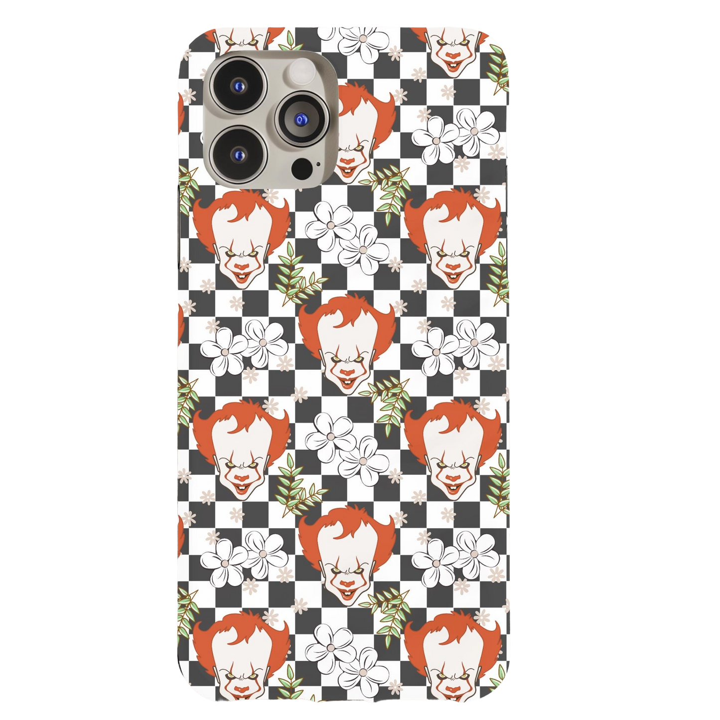 a phone case with an image of a woman's face on a checkered