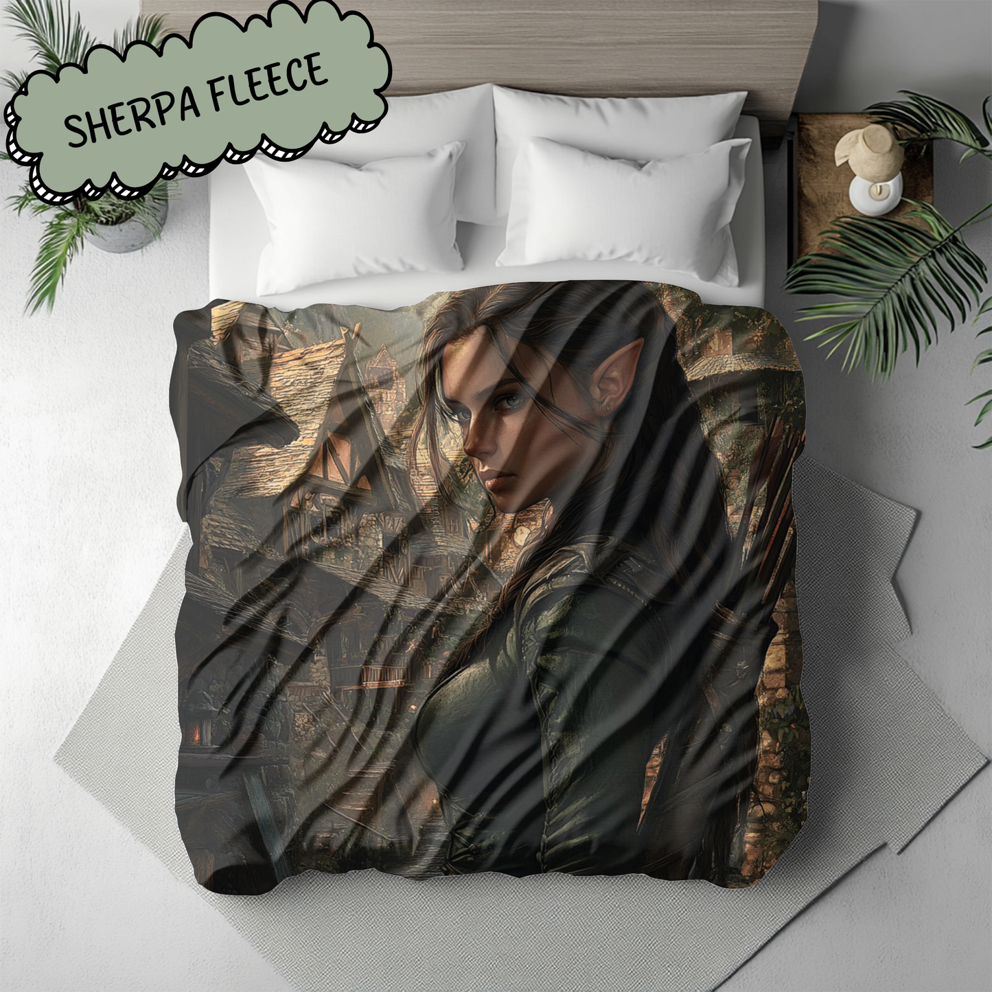 Fantasy Brunette Warrior Fairy in Village Woven & Sherpa Fleece Blankets