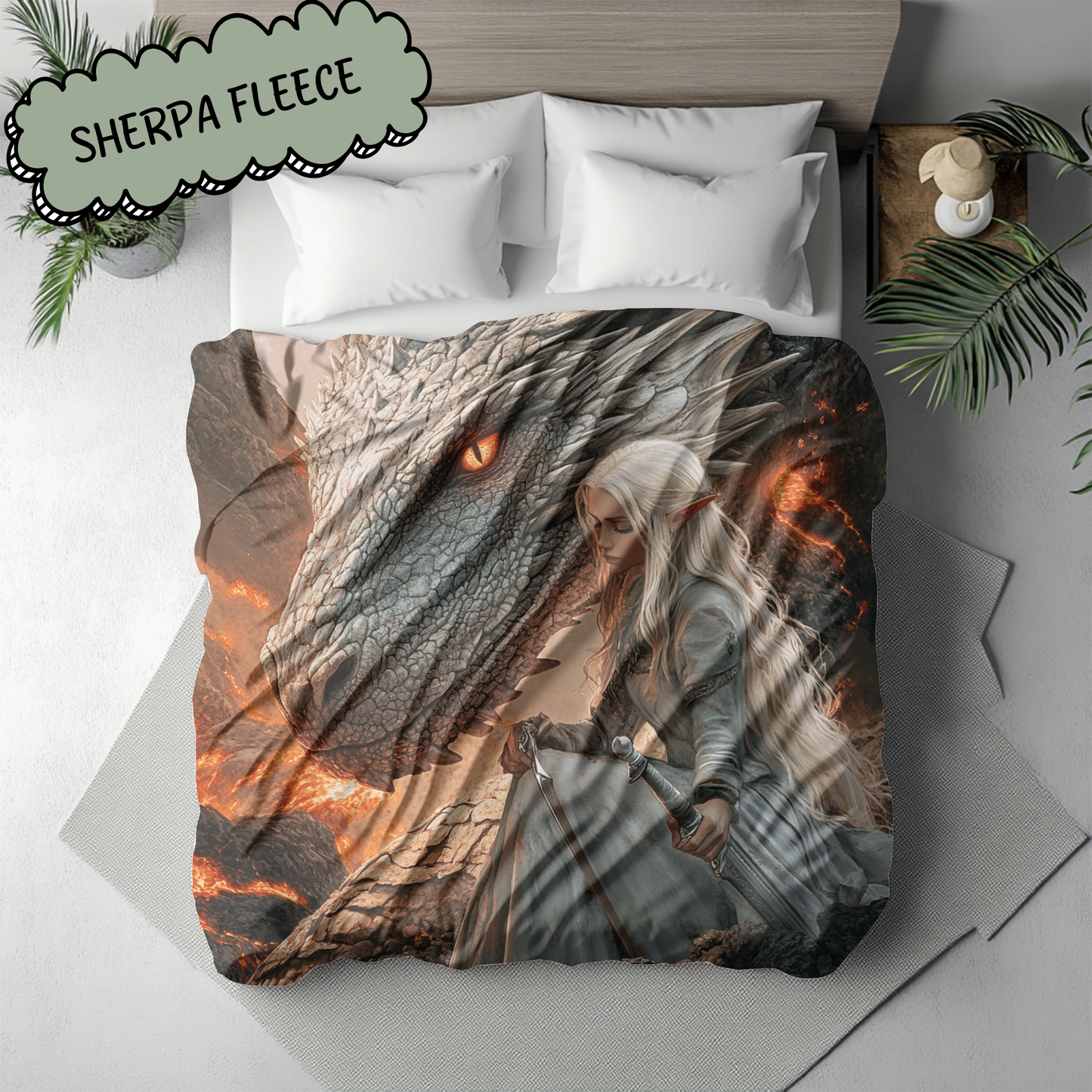 Fantasy Faerie and White Dragon Woven & Sherpa Fleece Blankets