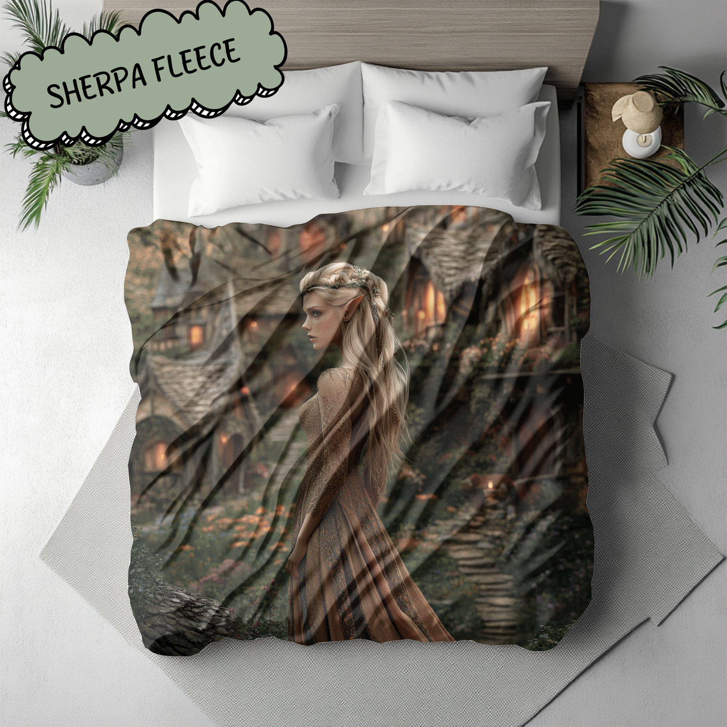 Fantasy Blonde Fairy in Village Woven & Sherpa Fleece Blankets