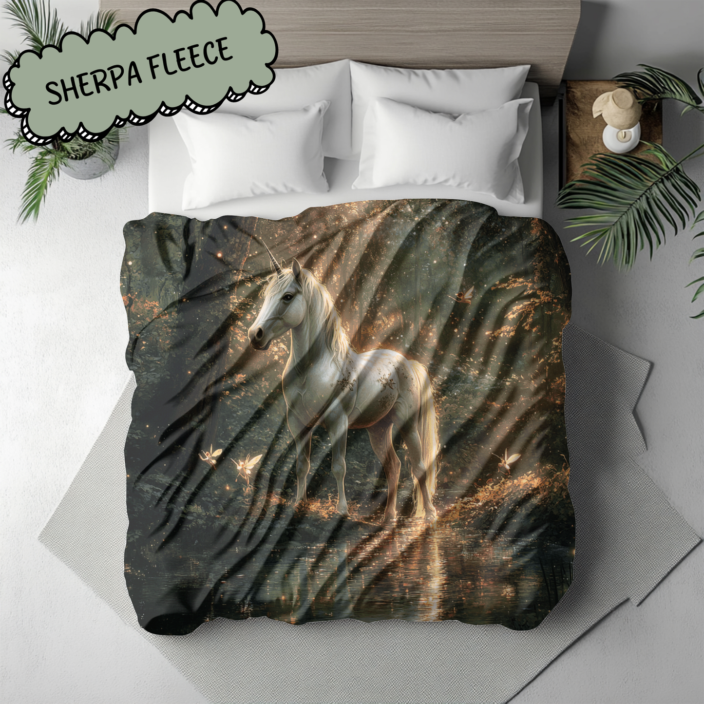 Fantasy Unicorn in Forest and Faeries Woven & Sherpa Fleece Blankets