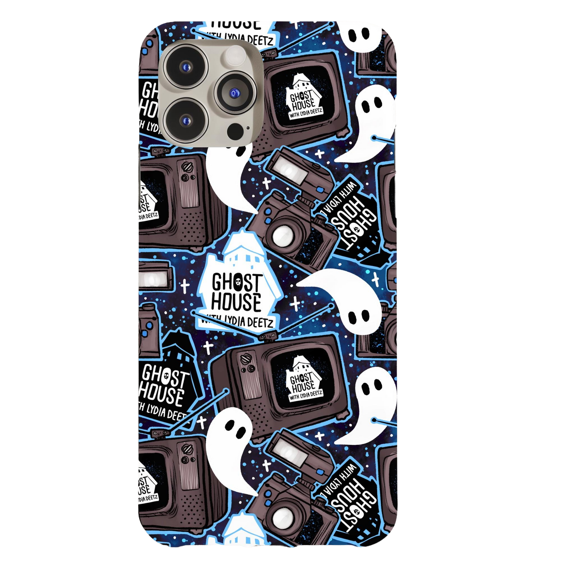 a phone case with ghost stickers on it