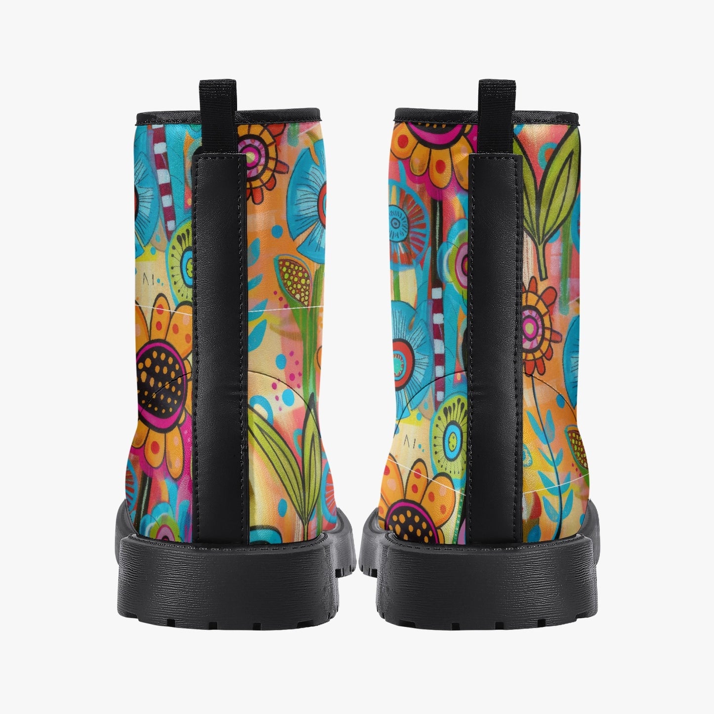 Floral Artwork Leather Combat Boots