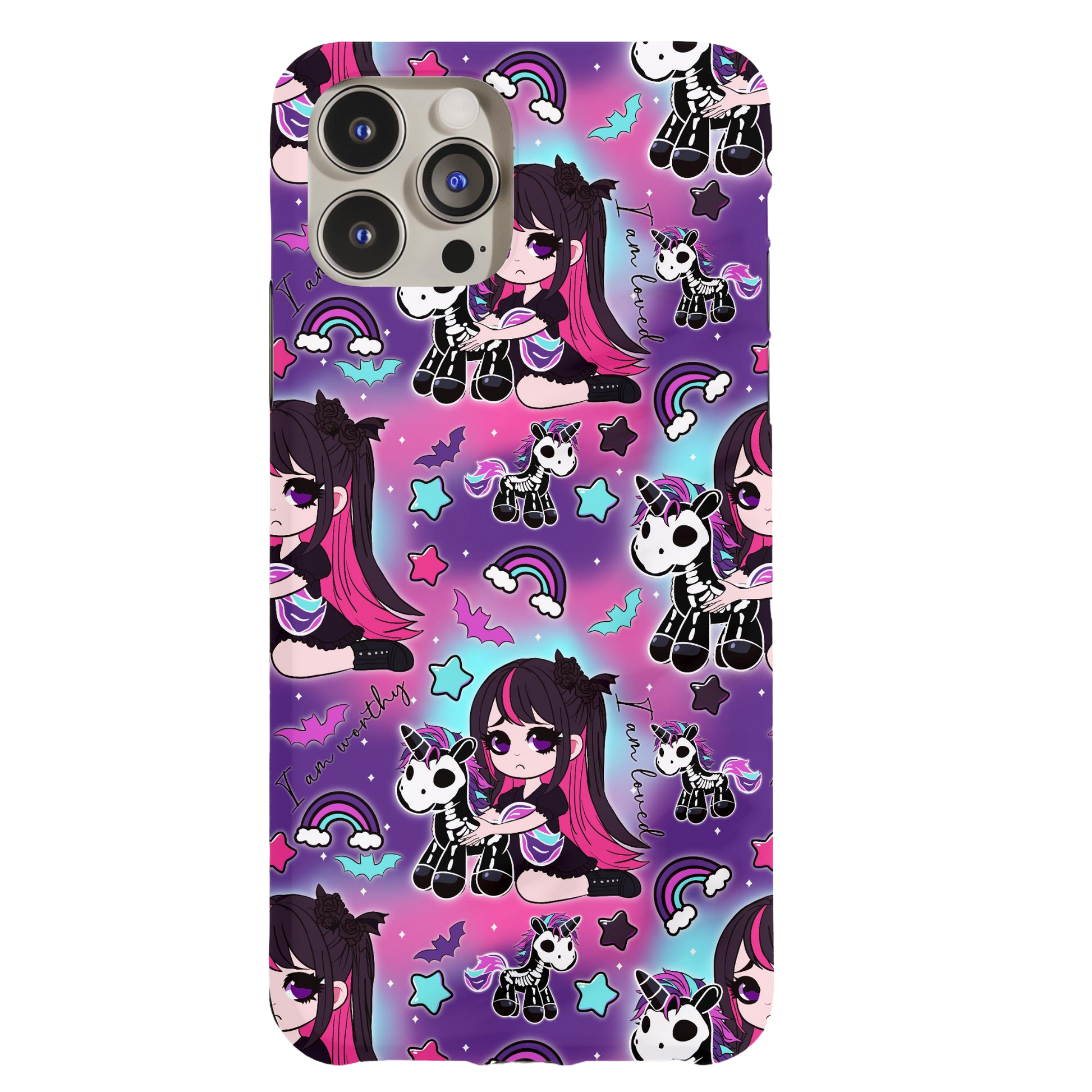 a phone case with an image of a girl and a cat on it