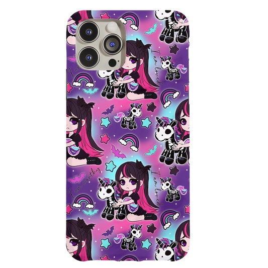 a phone case with an image of a girl and a cat on it