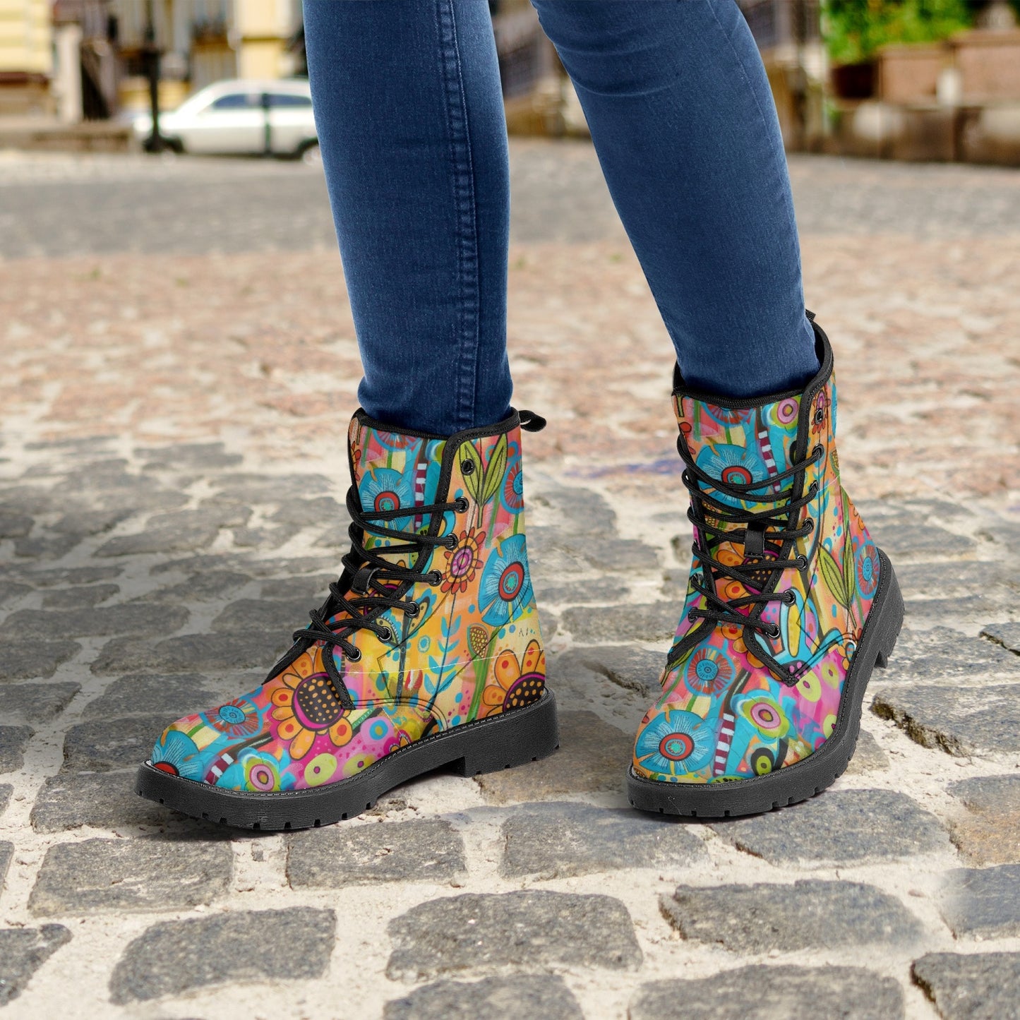 Floral Artwork Leather Combat Boots