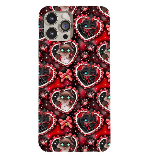 a phone case with a cat and hearts on it