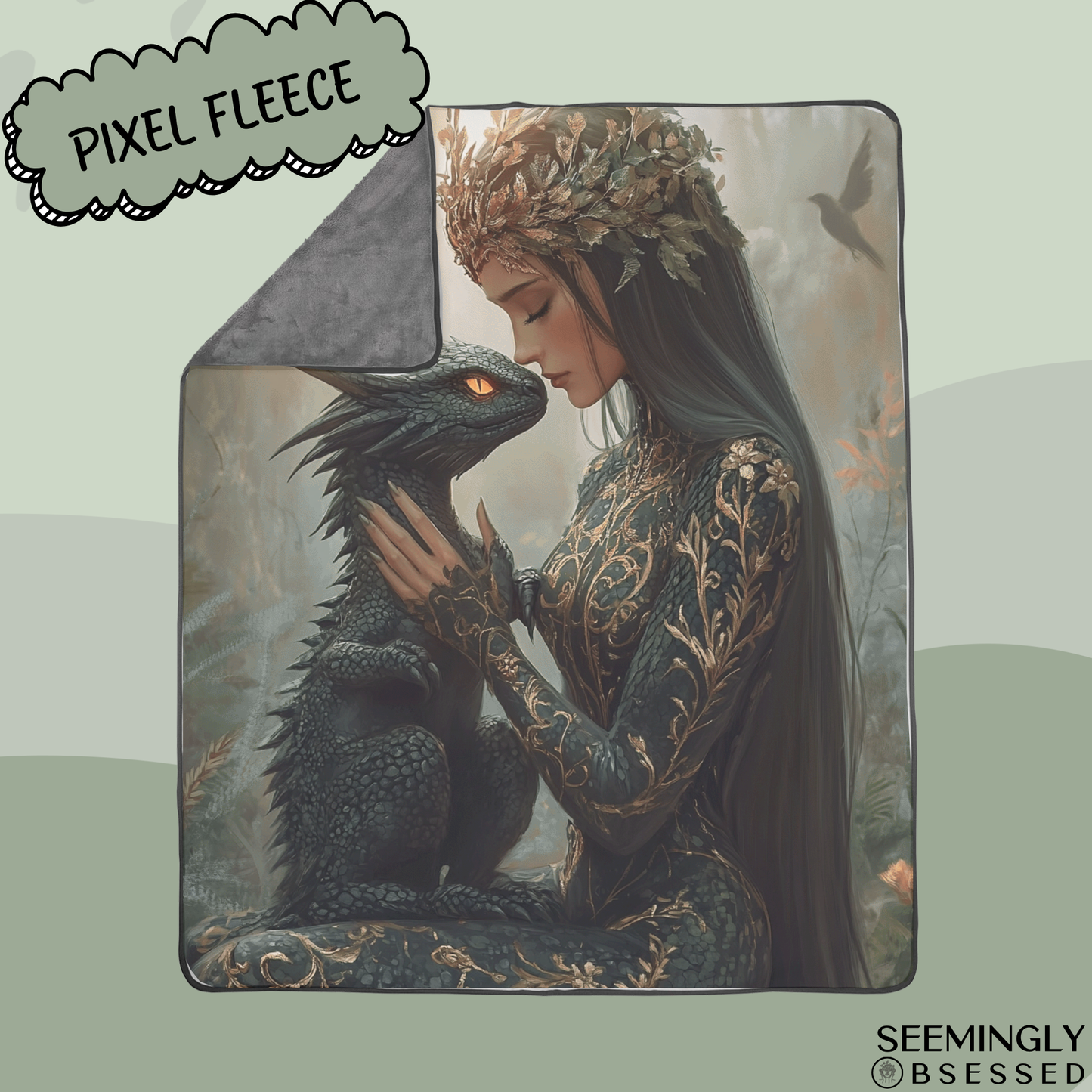 Fantasy Lady Warrior Holding Dragon Woven & Sherpa Fleece Blankets