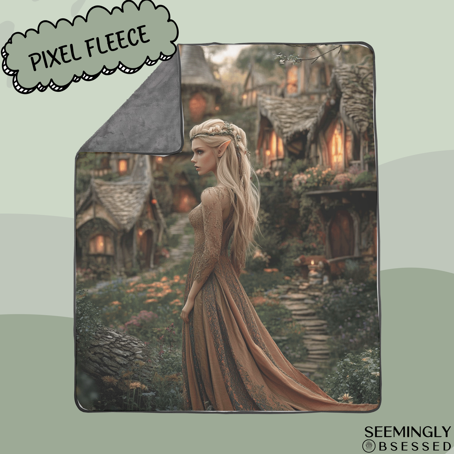 Fantasy Blonde Fairy in Village Woven & Sherpa Fleece Blankets