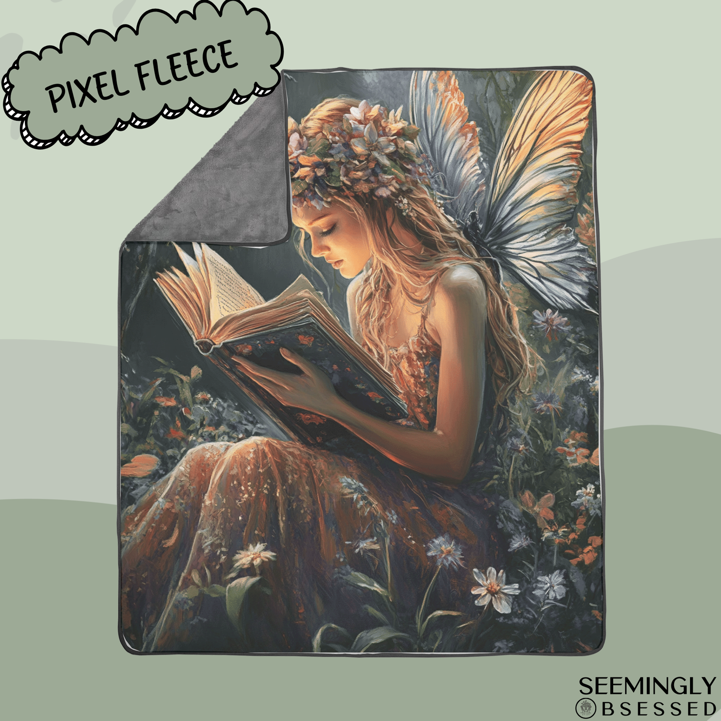 Fantasy Drawing Faerie Reading Book Woven & Sherpa Fleece Blankets