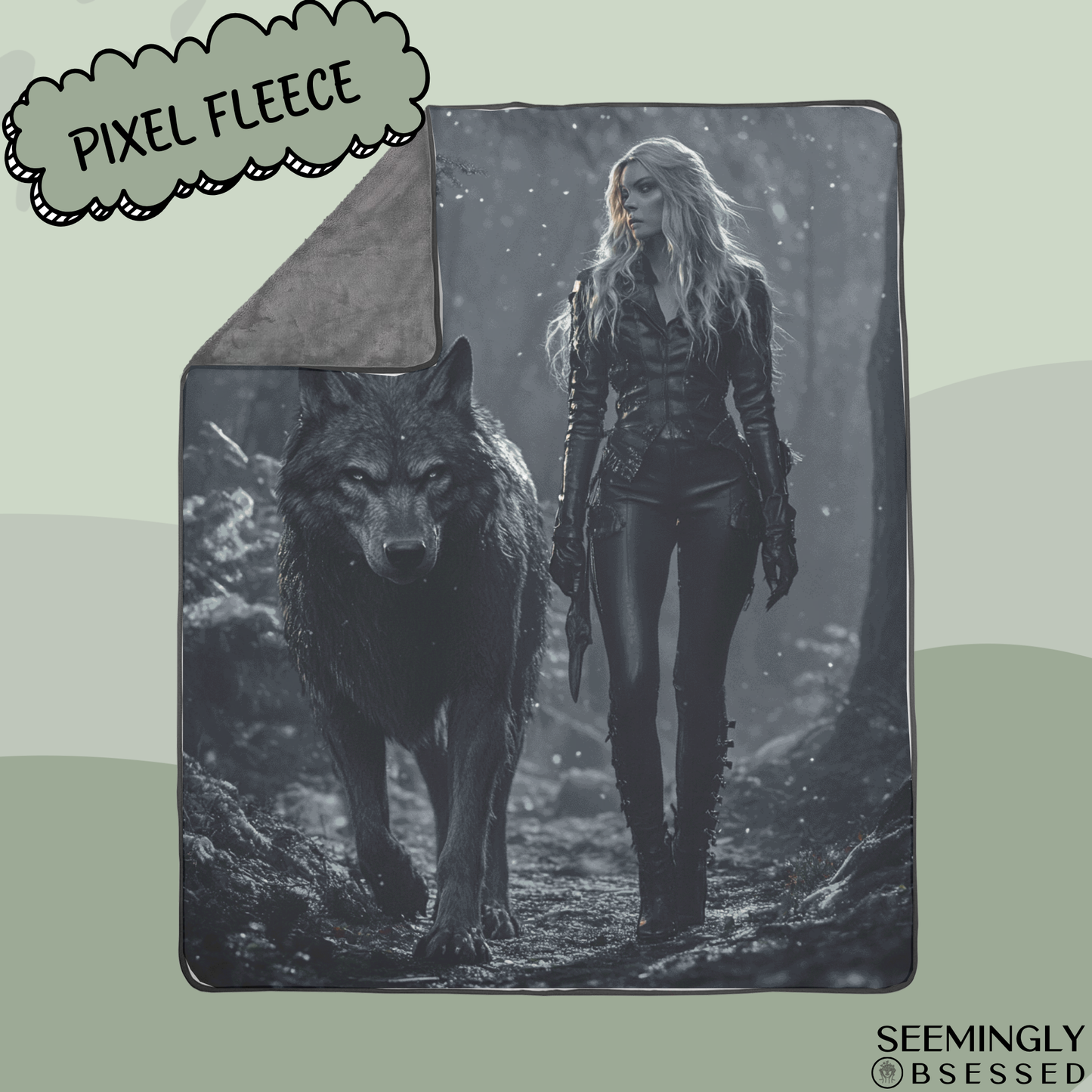 Fantasy Woman Warrior and Her Werewolf Woven & Sherpa Fleece Blankets