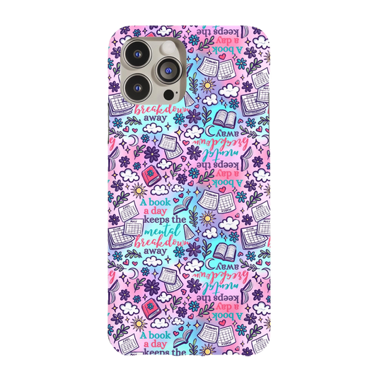 a pink phone case with a pattern of books and flowers