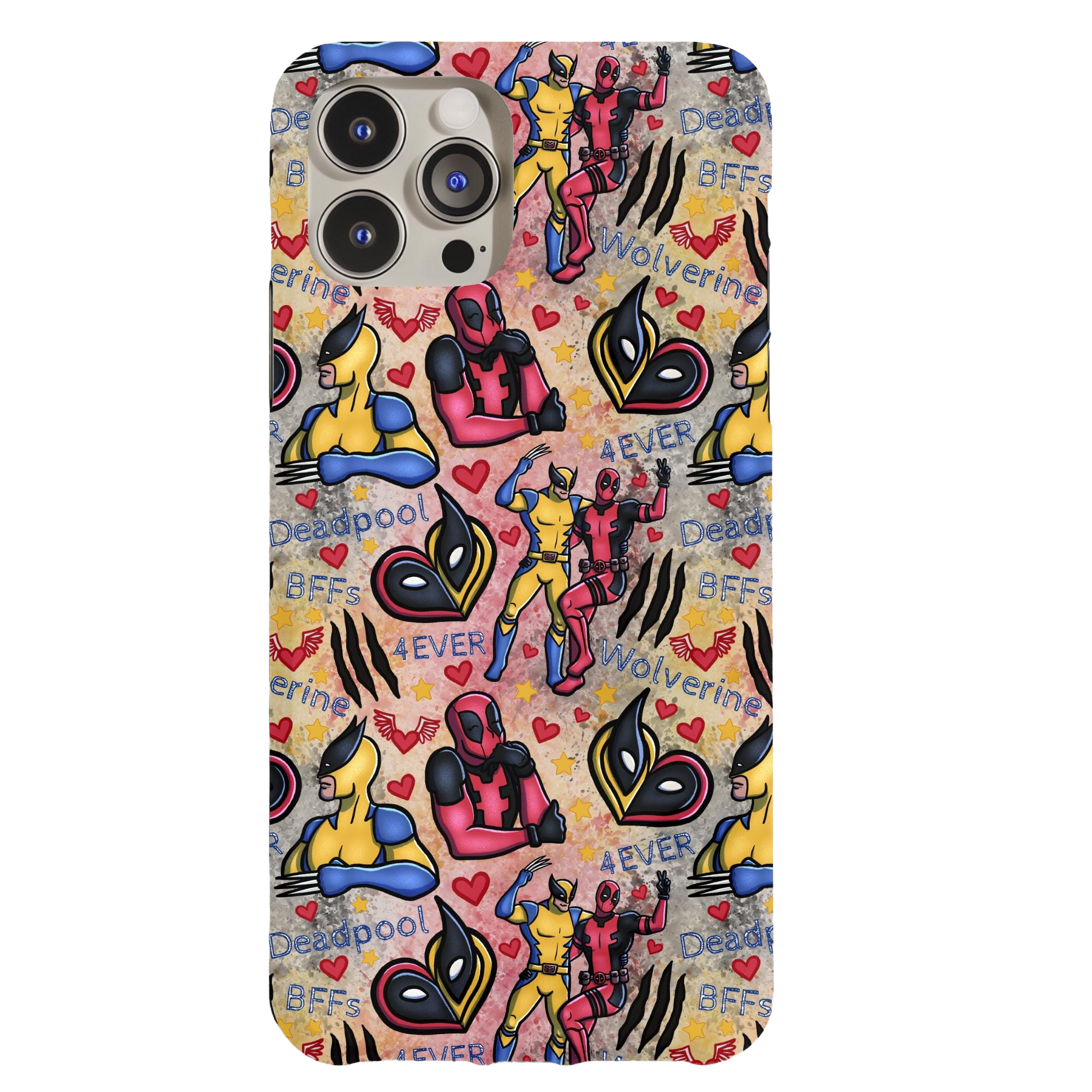 a phone case with a pattern of cartoon characters on it