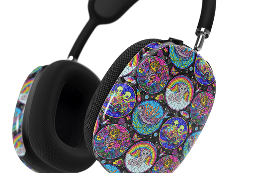 a pair of colorful headphones with a black background