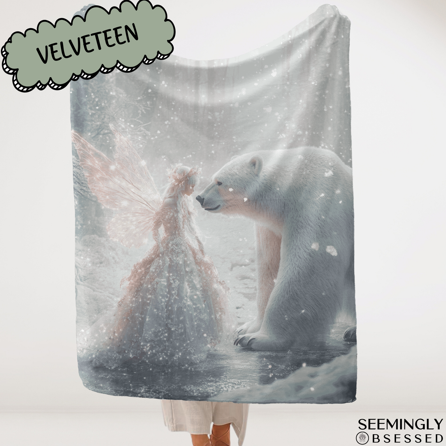 Fantasy Magic Fairy and Polar Bear Woven & Sherpa Fleece Blankets