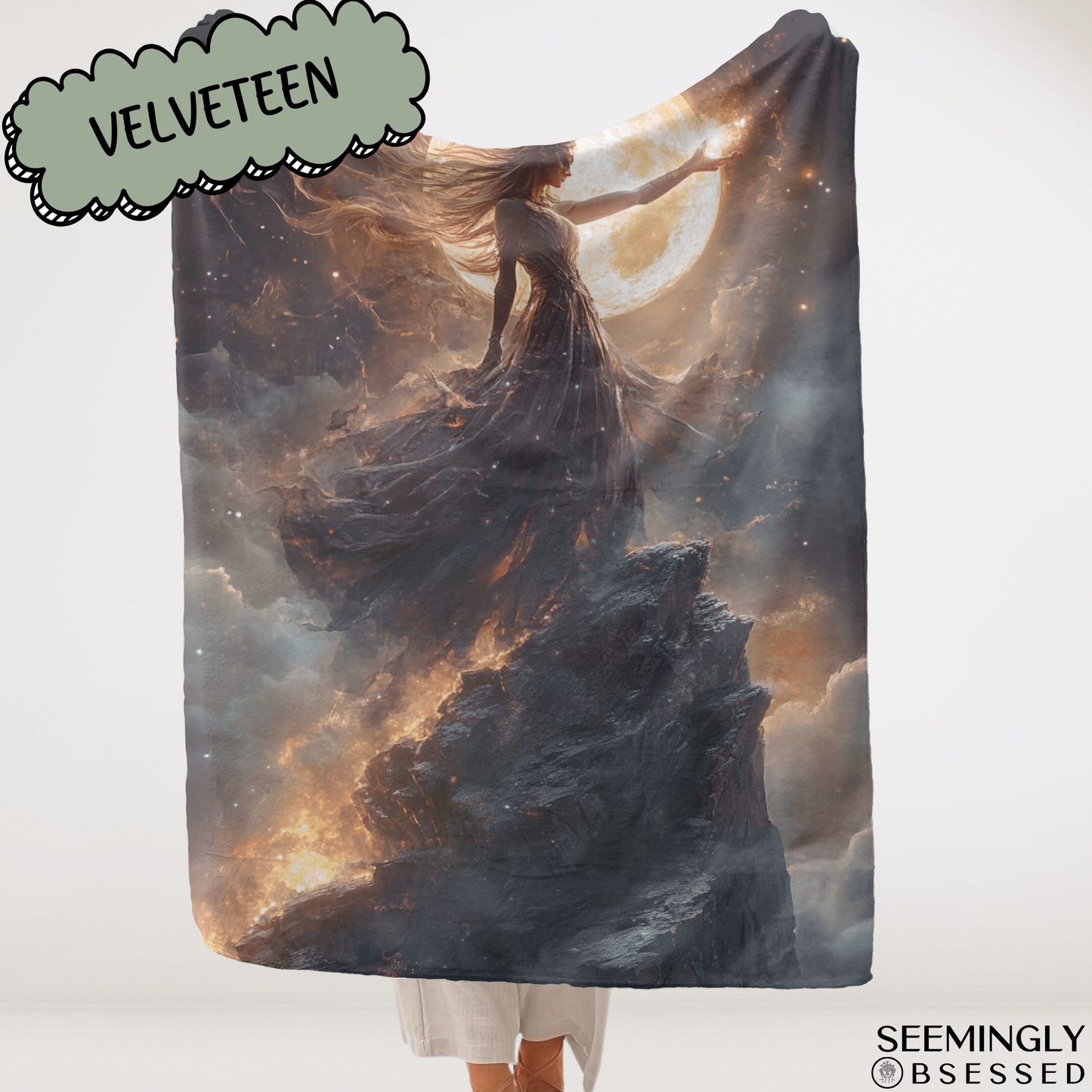 Fantasy Sorceress Worshiping the Moon Woven & Sherpa Fleece Blankets