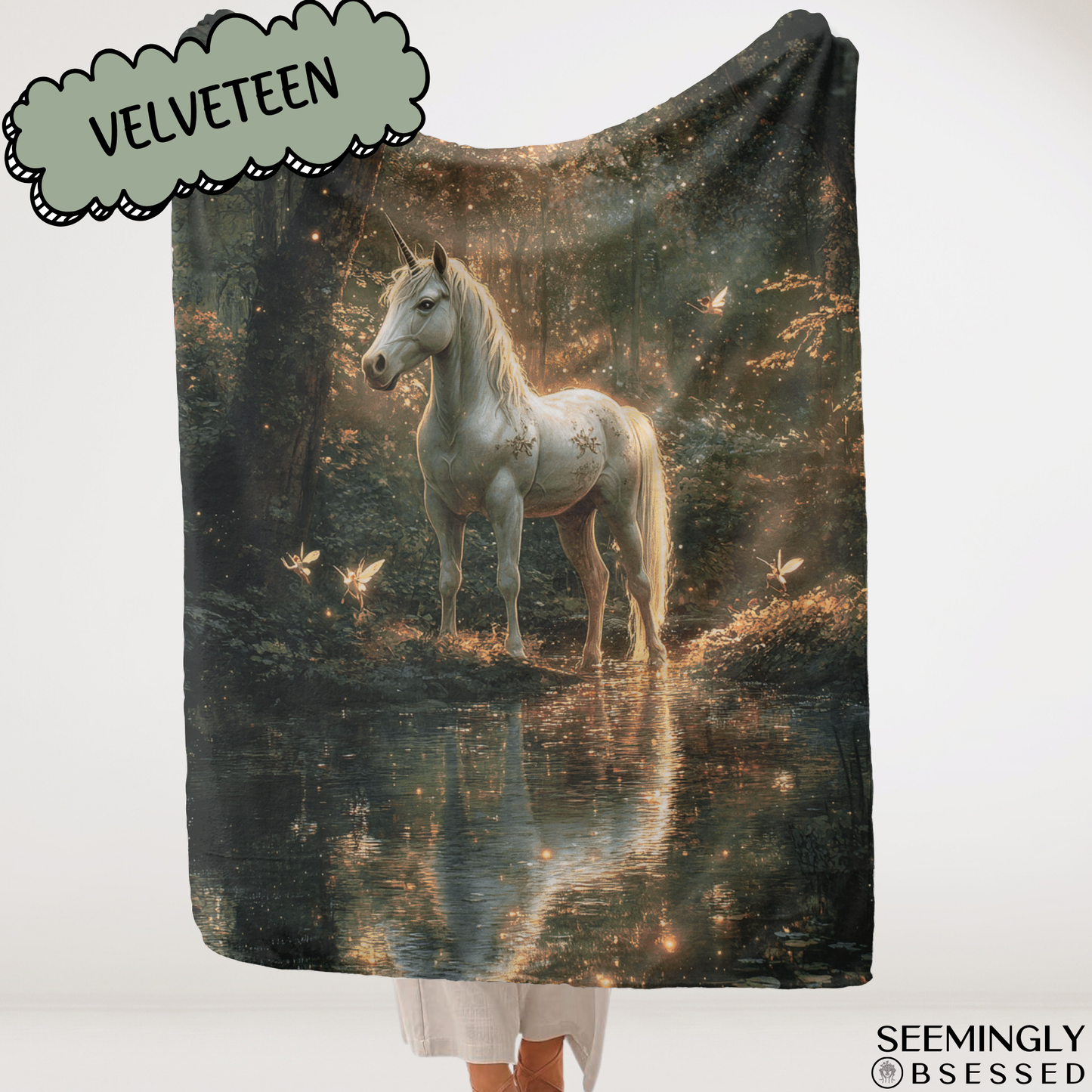 Fantasy Unicorn in Forest and Faeries Woven & Sherpa Fleece Blankets