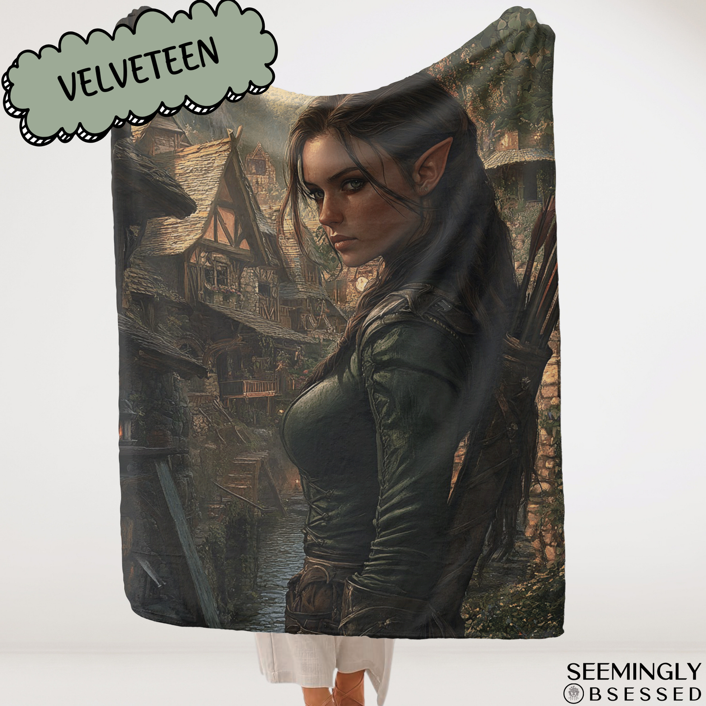 Fantasy Brunette Warrior Fairy in Village Woven & Sherpa Fleece Blankets