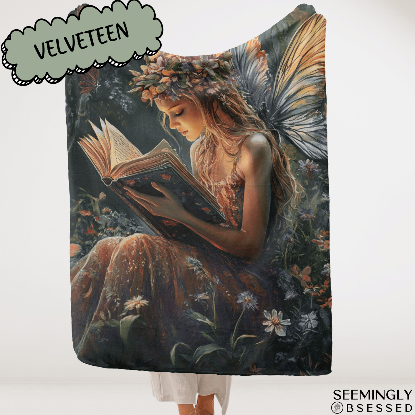 Fantasy Drawing Faerie Reading Book Woven & Sherpa Fleece Blankets