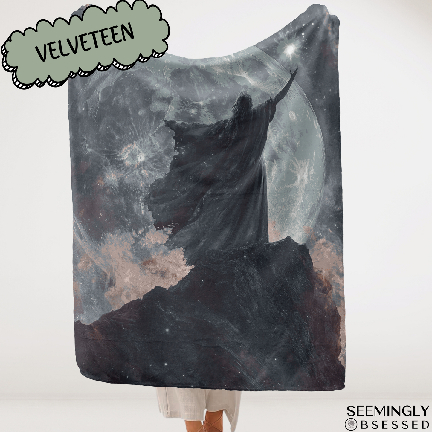 Fantasy Sorceress in Front of Moon Woven & Sherpa Fleece Blankets