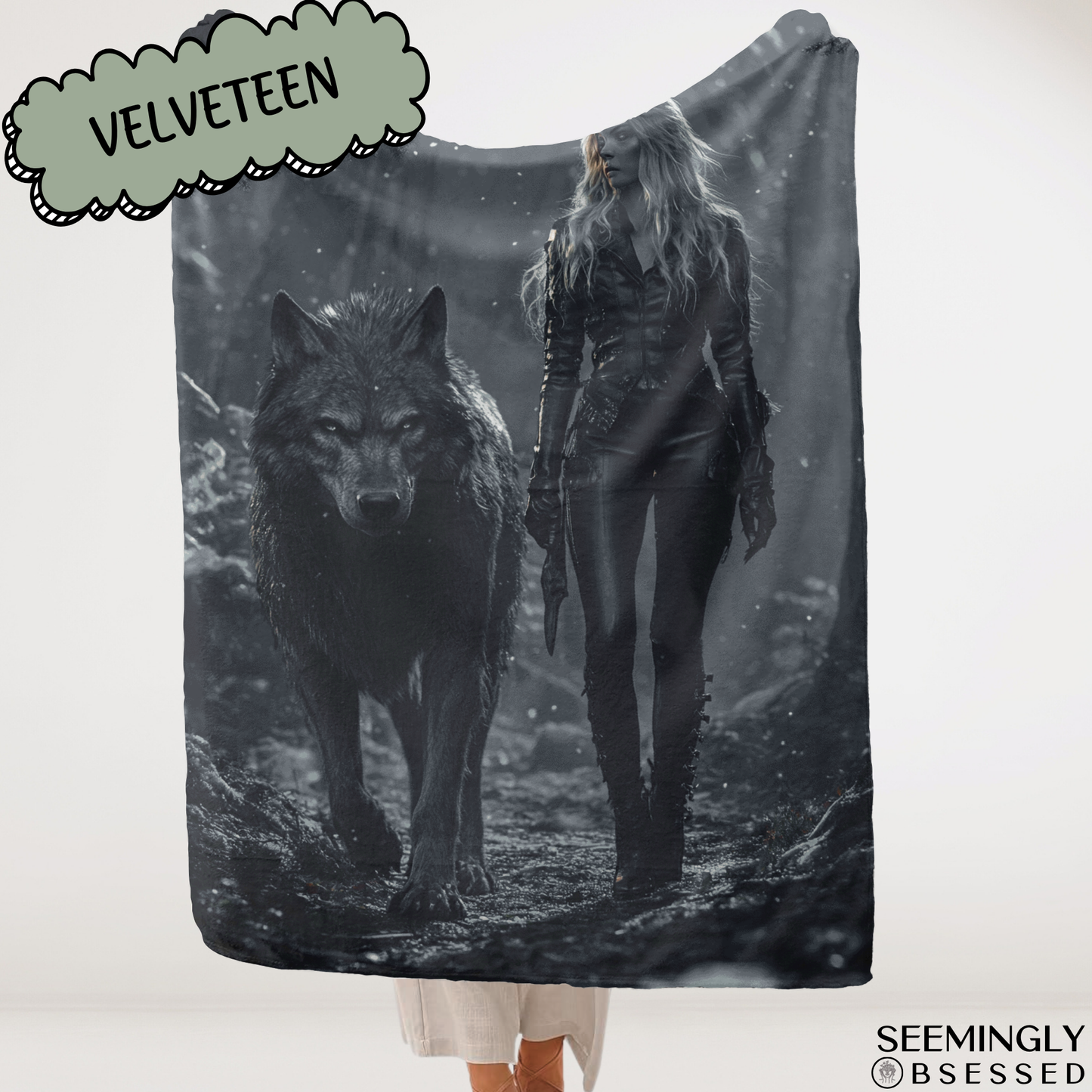 Fantasy Woman Warrior and Her Werewolf Woven & Sherpa Fleece Blankets