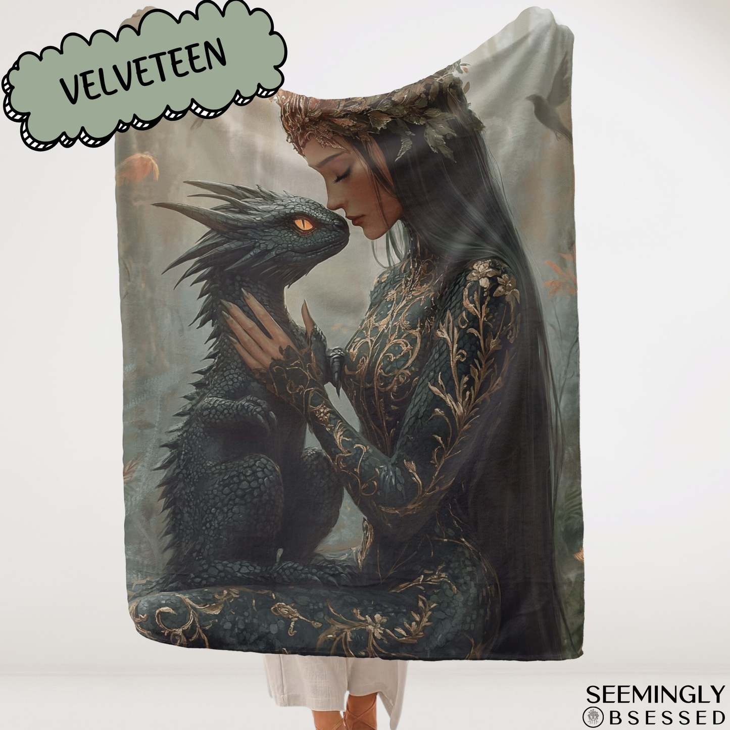 Fantasy Lady Warrior Holding Dragon Woven & Sherpa Fleece Blankets