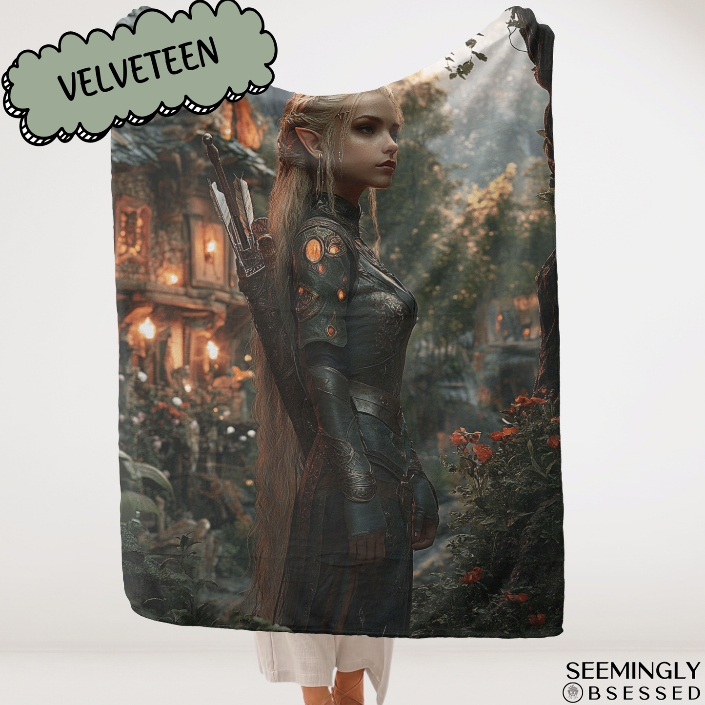 Fantasy Blonde Warrior Fairy in Village Woven & Sherpa Fleece Blankets