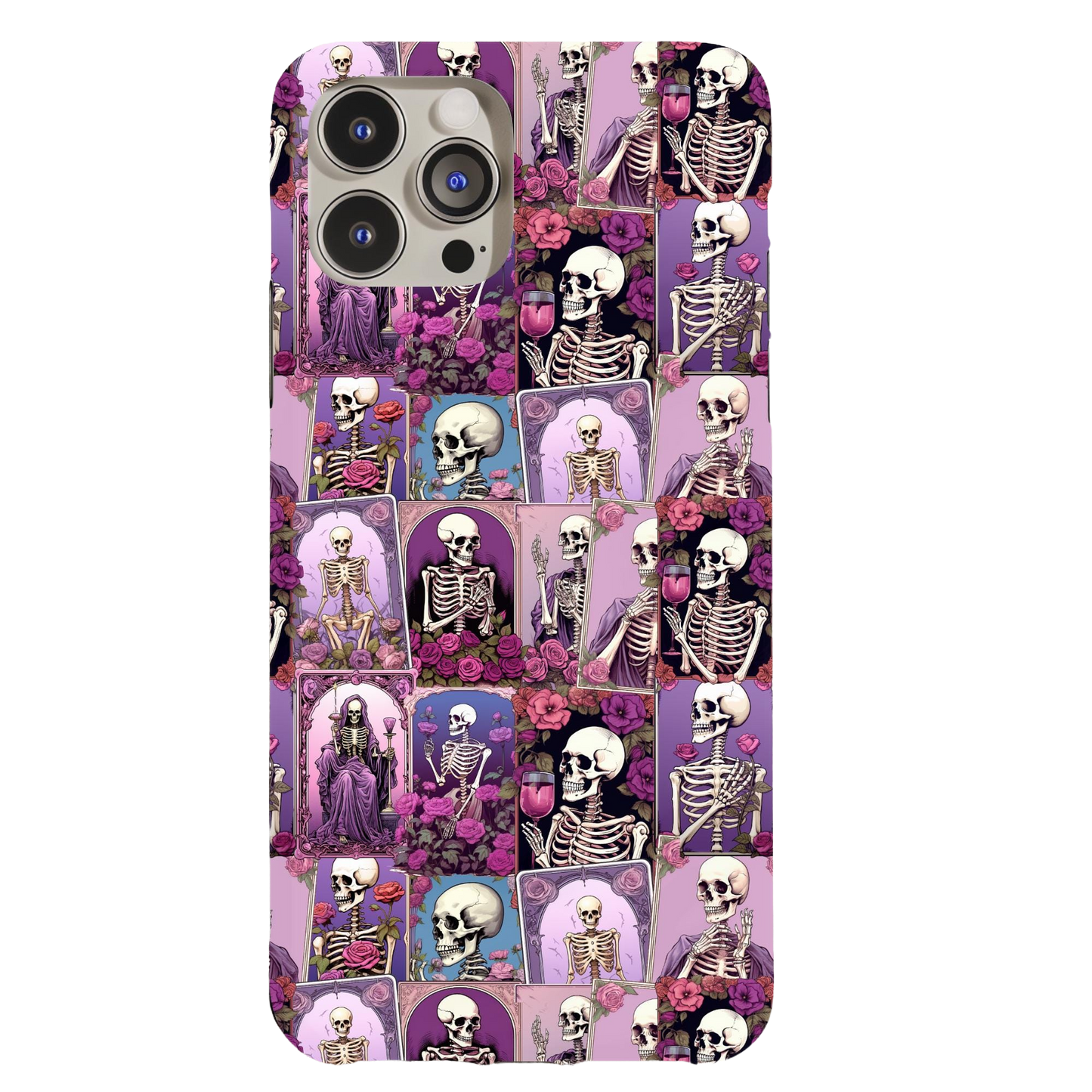 a phone case with skulls and flowers on it